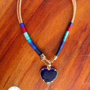 Handmade colorful necklace gold plated heavy new leather cord